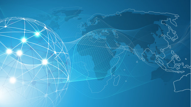     Futuristic Bright Global Technology, Networking and Cloud Computing Design Concept with Globe and World Map - Digital Network Connections, Technology Background 