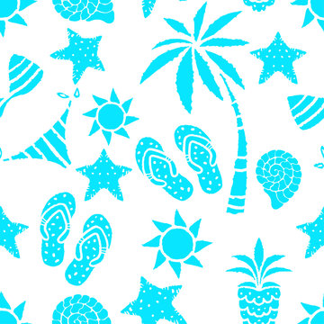 Seamless pattern with sun, palm tree, pineapple, flip flop sandals, sea shell, bikini, swimsuits, starfish