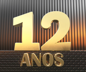 Golden number twelve (number 12) and the word "years" against the background of metal rectangular parallelepipeds in the rays of sunset.  Translated from the Spanish - years. 3D illustration