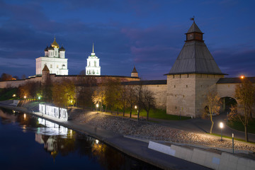 Autumn evening at the walls of the Pskov Kremlin