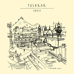 Mosque and Pap Mochani Temple in Pushkar, Rajasthan, India. Vintage hand drawn touristic postcard