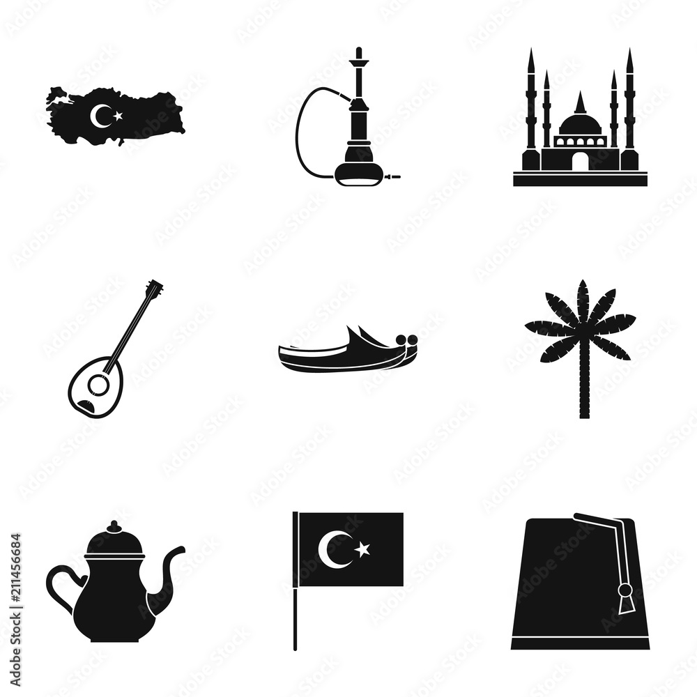 Poster turkey stuff icons set. simple set of 9 turkey stuff vector icons for web isolated on white backgrou