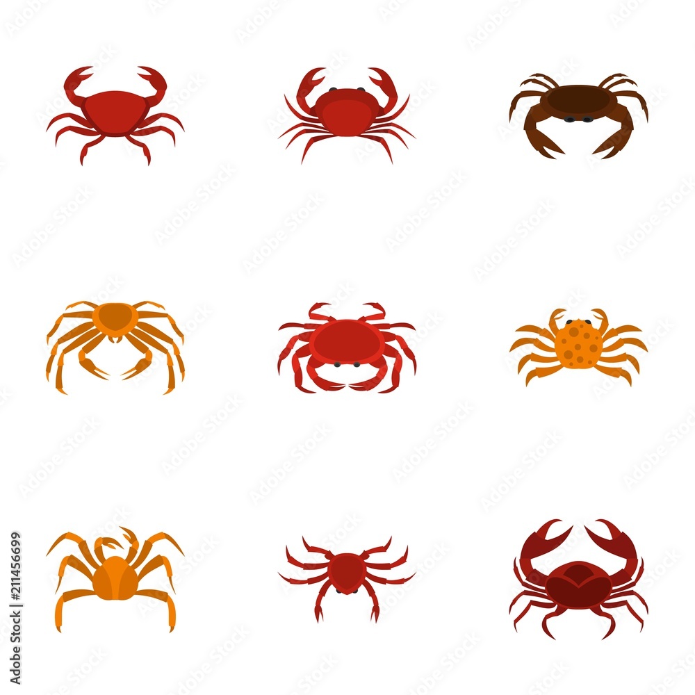 Poster crab icons set. cartoon set of 9 crab vector icons for web isolated on white background