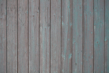 Wooden boards for Your text. Wood background from old boards with light blue color. Peeling paint on wooden planks. Knots on a wooden surface made of natural material. Selective focus.