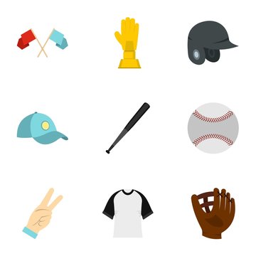 Baseball equipment icons set. Flat set of 9 baseball equipment vector icons for web isolated on white background