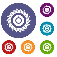 Circular saw disk icons set in flat circle red, blue and green color for web