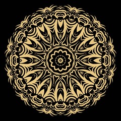 gold color round mandala on black background. vector illustration. for relax, tatoo, invitation.