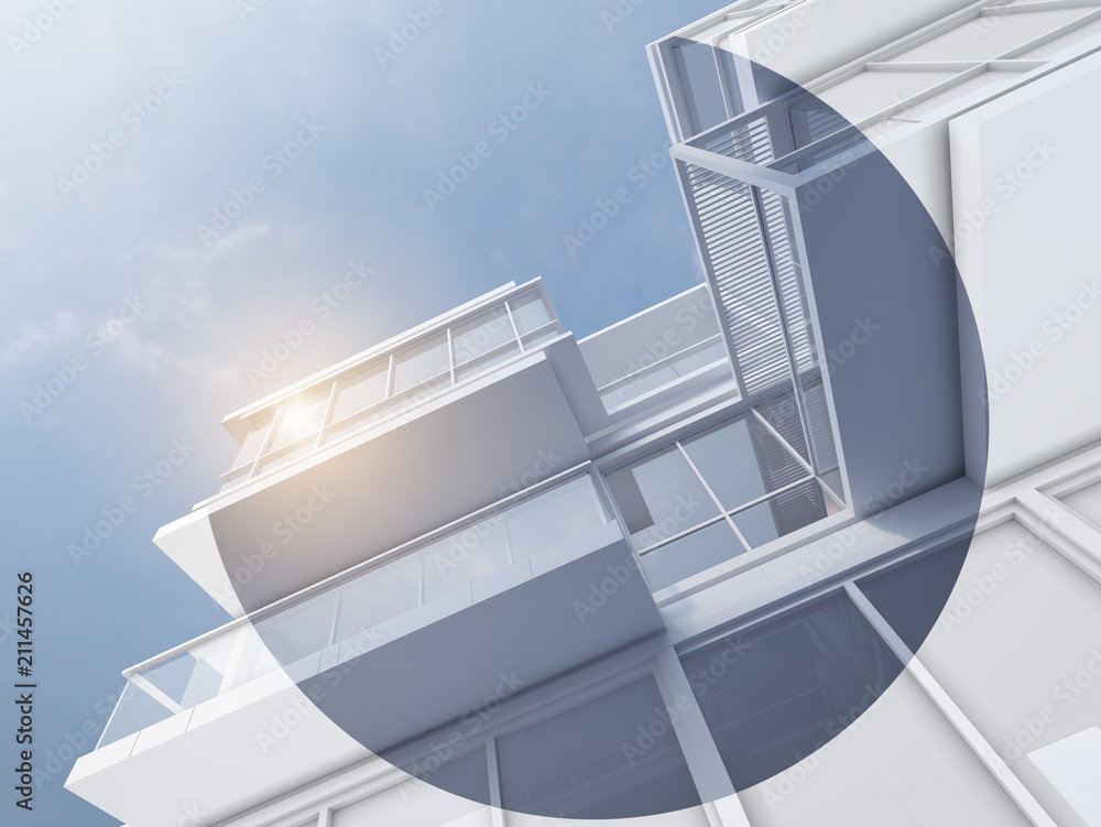 Poster The graphic between high rise modern glass building with steel window system and white model wire frame,Business concept of future  architecture. 3D rendering