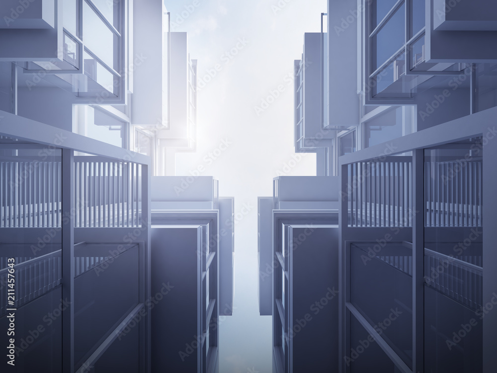 Poster 3d stimulate of high rise modern glass building with steel window system on blue clear sky backgroun