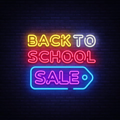 Plakat Back to school sale neon sign vector. Back to school Design template neon sign, light banner, neon signboard, nightly bright advertising, light inscription. Vector illustration