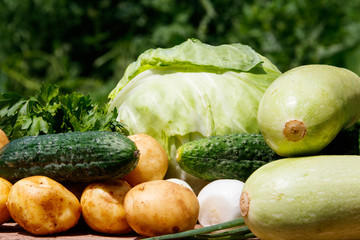 Fresh vegetables on rustic wooden table outdoor