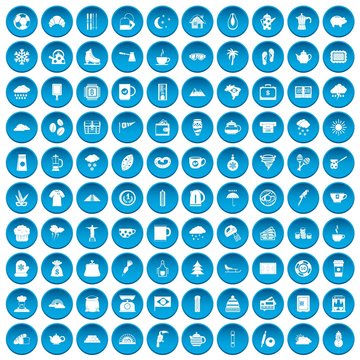 100 coffee cup icons set in blue circle isolated on white vectr illustration