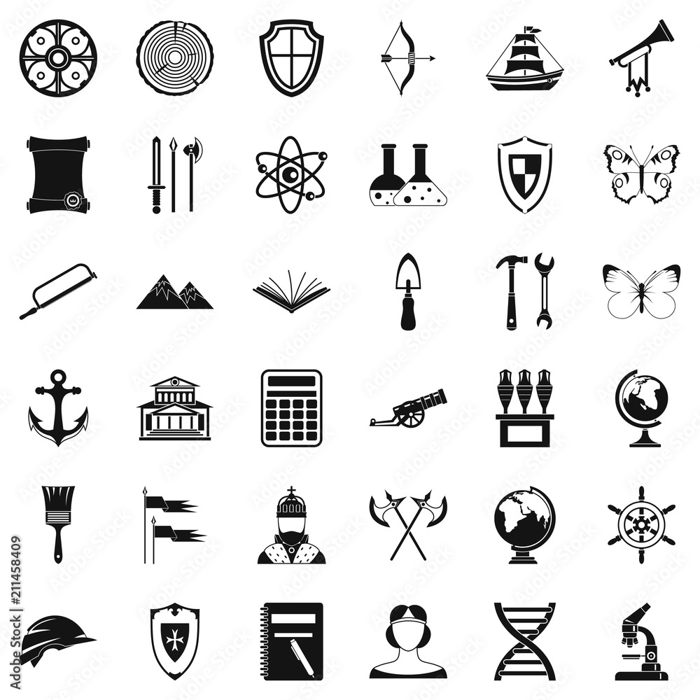 Poster science archeology icons set. simple style of 36 science archeology vector icons for web isolated on