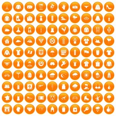 100 clothing icons set in orange circle isolated on white vector illustration