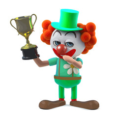 Vector 3d Funny cartoon crazy clown character holding a gold cup trophy award