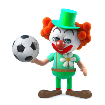 Vector 3d Funny cartoon crazy clown character holding a soccer ball