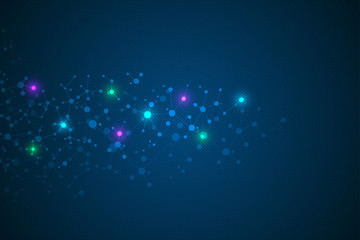 Molecular structure background and geometric communication. Abstract background with molecule DNA. Medical, science and digital technology concept with connected lines and dots.