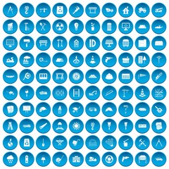 100 construction site icons set in blue circle isolated on white vectr illustration