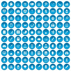 100 diagnostic icons set in blue circle isolated on white vectr illustration