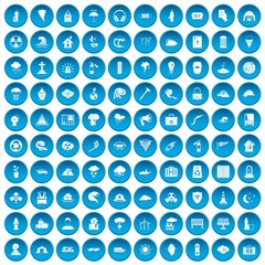 100 disaster icons set in blue circle isolated on white vectr illustration
