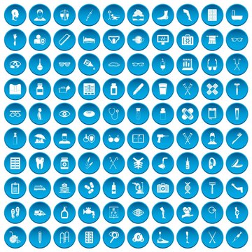 100 disabled healthcare icons set in blue circle isolated on white vectr illustration