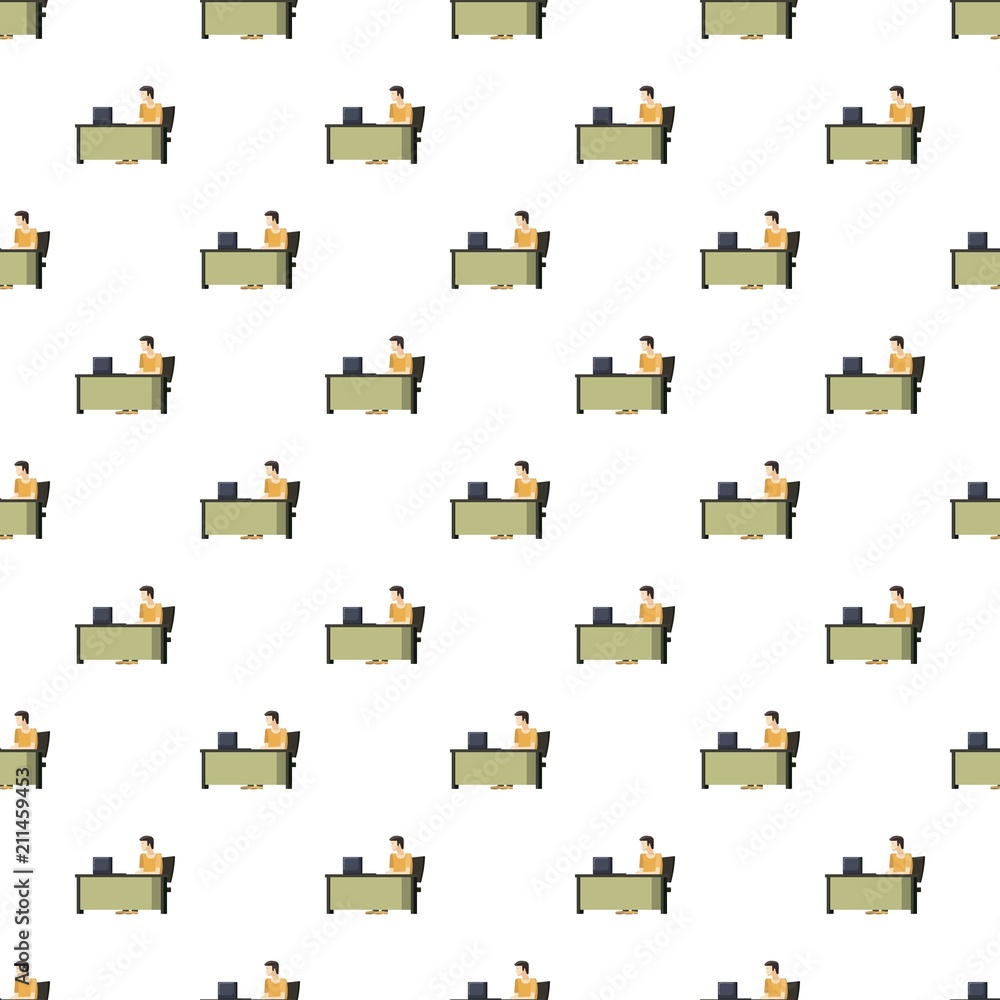 Poster man sitting at a computer desk pattern seamless repeat in cartoon style vector illustration
