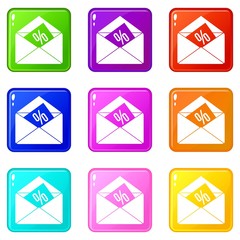 Envelope with percentage icons of 9 color set isolated vector illustration