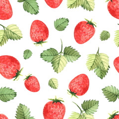 Seamless pattern of strawberries and leaves, in watercolor style. - 211459432