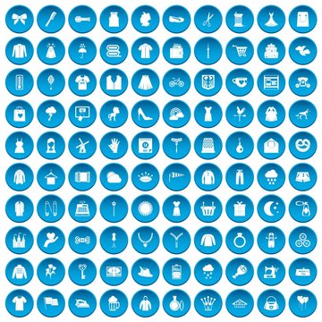 100 dress icons set in blue circle isolated on white vectr illustration