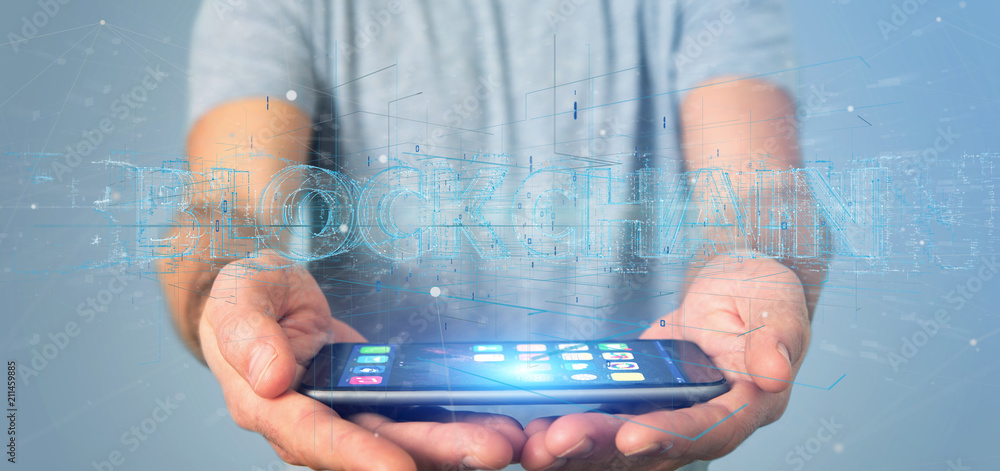 Poster man holding a blockchain title isolated on a background