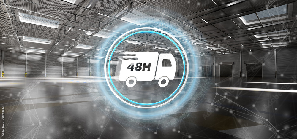 Poster fast delivery system concept on a warehouse background 3d rendering