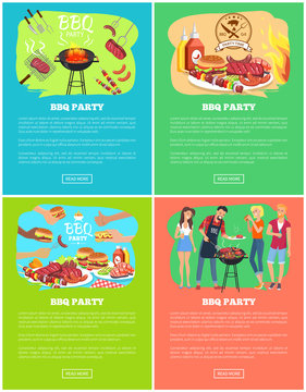 BBQ Party Set of Vector Illustrations, Meat Dishes