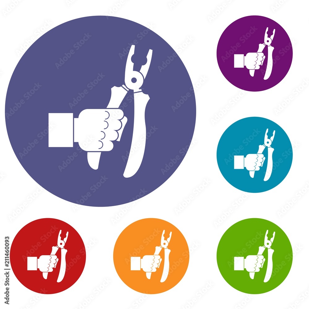 Poster hand holding chisel icons set in flat circle red, blue and green color for web