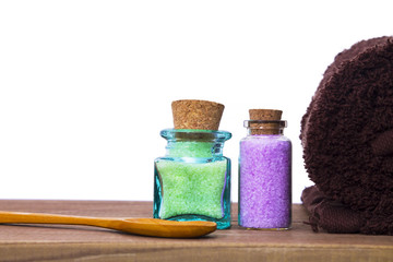 bath salts, soap and towel. hygiene, spa and relaxation concept