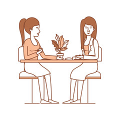 women in the table drinking coffee with house plant vector illustration design