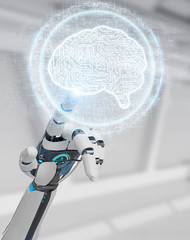 White humanoid hand using digital artificial intelligence icon hologram 3D rendering