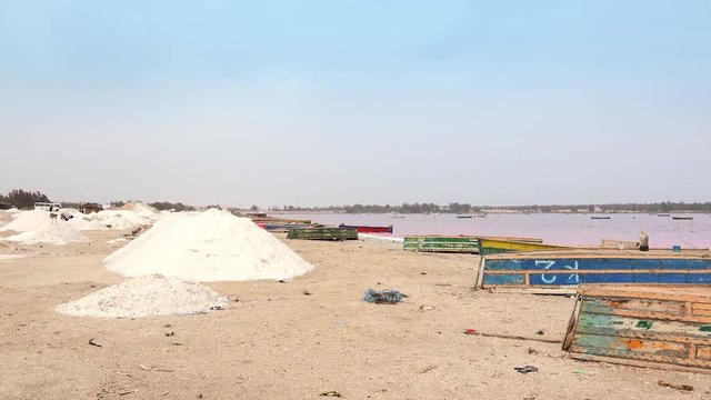 Salt piles in the pink lake - Lake Retba, Dakar region, Senegal, Afr