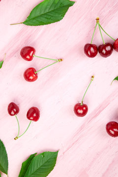 Ripe cherry berries and cherry  leaf