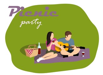 Picnic party vector illustration. Isometric, retro style
