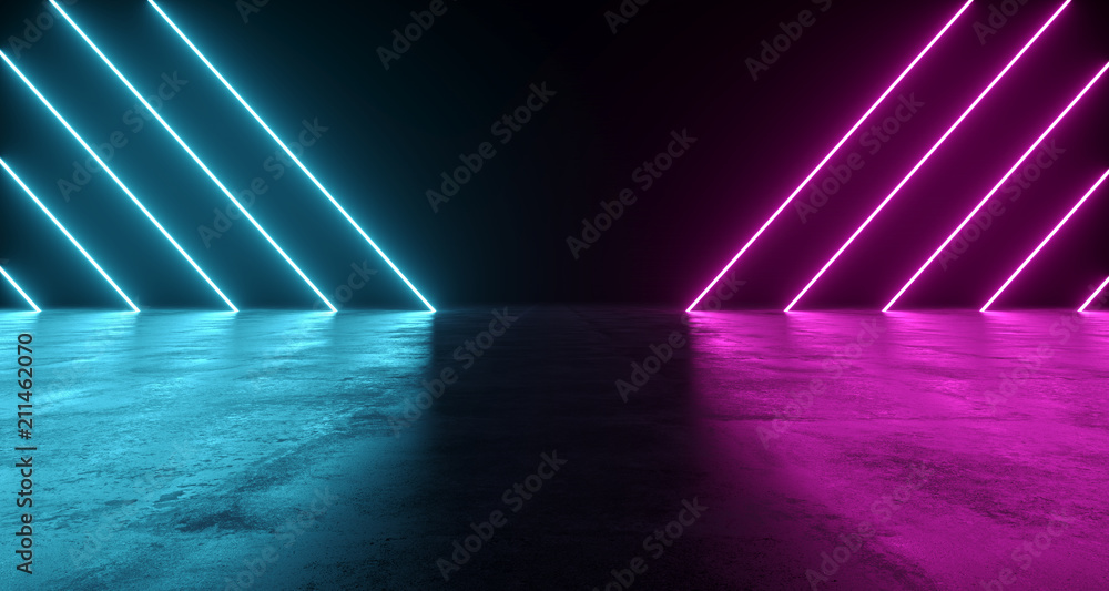 Wall mural futuristic sci-fi abstract blue and purple neon light shapes on black background and reflective conc