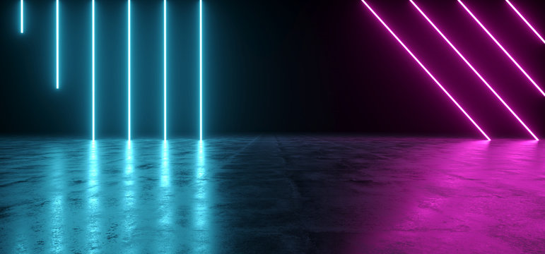 Futuristic Sci-Fi Abstract Blue And Purple Neon Light Shapes On Black Background And Reflective Concrete With Empty Space For Text 3D Rendering © IM_VISUALS