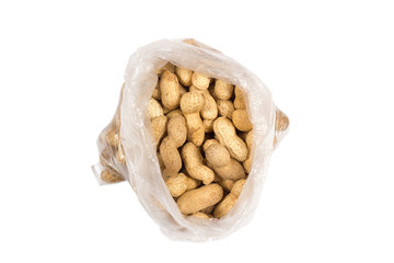 Nuts shelled peanuts in bag on white background