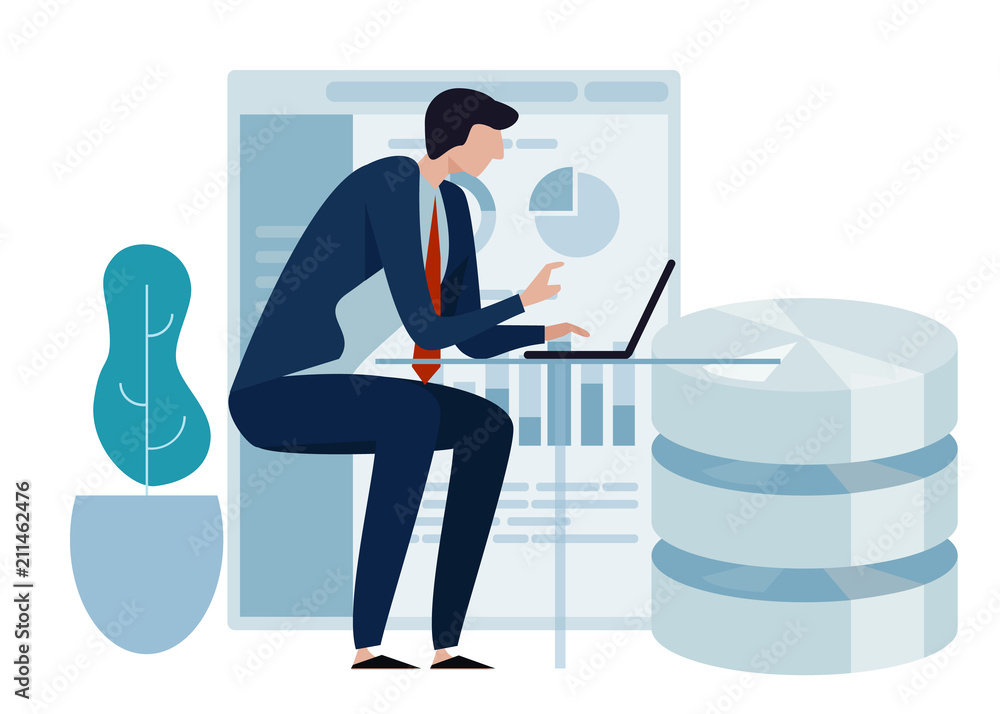 Poster data science concept of big database technology. environment friendly green leaf. business man worki