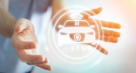 Businessman using modern smart car interface 3D rendering