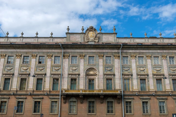 Fototapeta na wymiar RUSSIA, SAINT PETERSBURG : Fragment of Marble-Constantine Palace. Millionnaya street house 5А. The facade of the old building with ornate decoration 