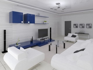 Modern living room in hi-tech style with stylish functional furniture and stylish blue background.