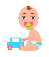 Baby with Soother and Toy Car Vector Illustration