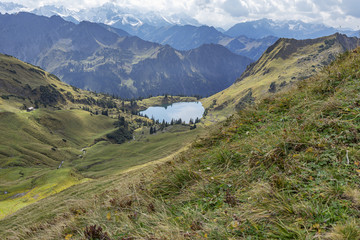 View to Lake Seealpsee from Nebelhorn Mountain at Oberstdorf / Bavaria