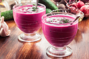 Cold beet soup with egg, cucumber and greens