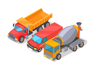 Cement-Mixer and Trucks Set Vector Illustration